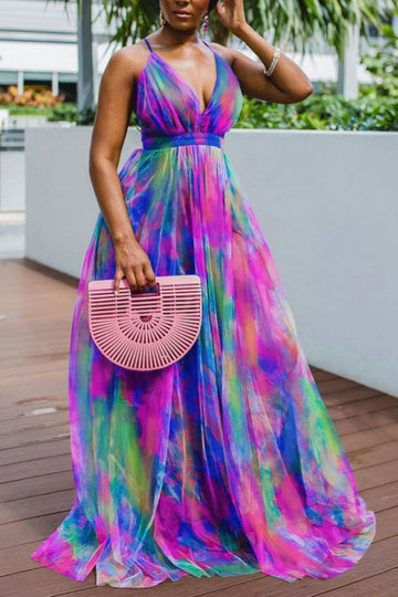 Woochic robe cocktail imprimée à bretelles en tulle à ourlet et à col en V violet 1XL